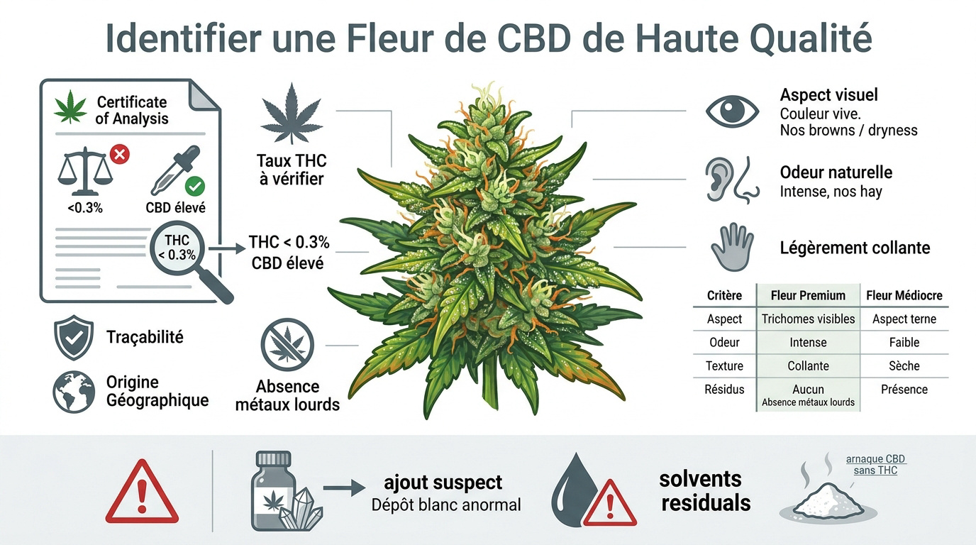 Examen visuel d'une fleur de CBD de haute qualité avec trichomes apparents