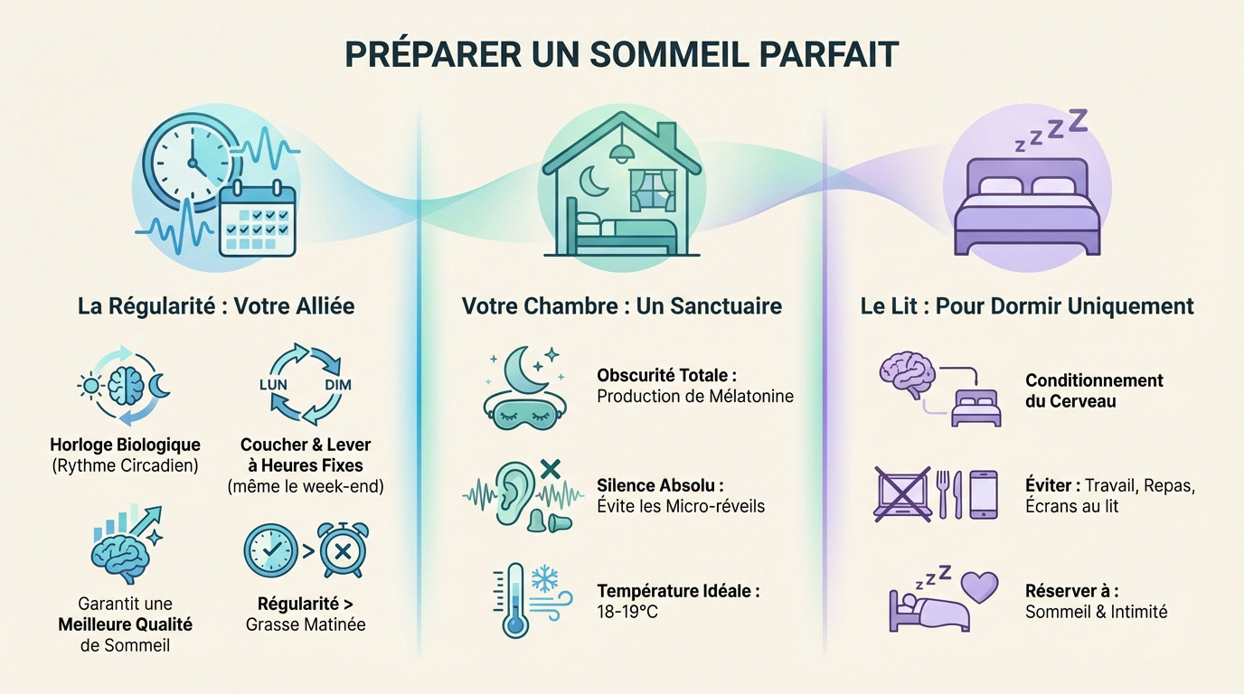 Chambre à coucher optimisée avec température fraîche et obscurité pour le sommeil