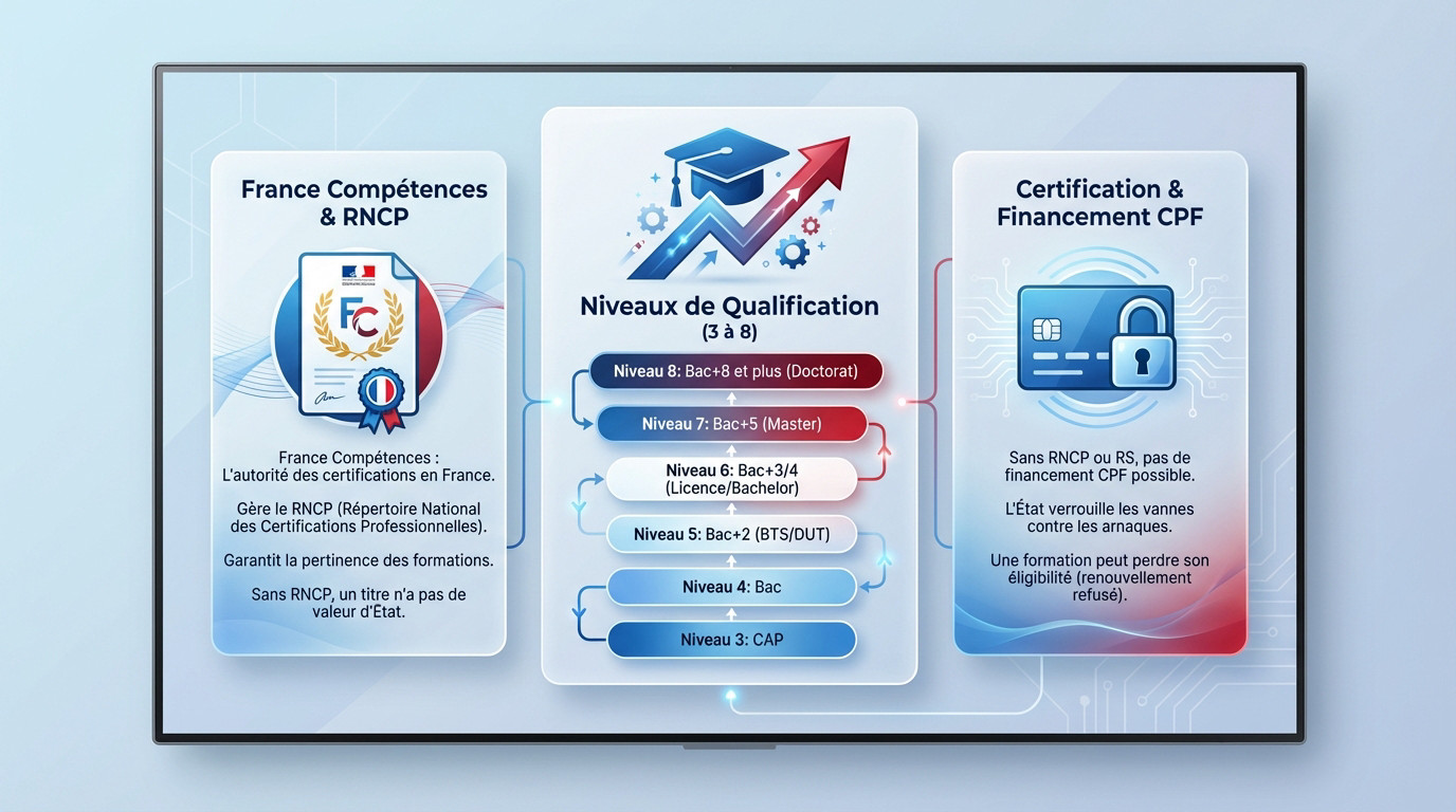Schéma illustrant les certifications RNCP, les niveaux de qualification et le financement CPF