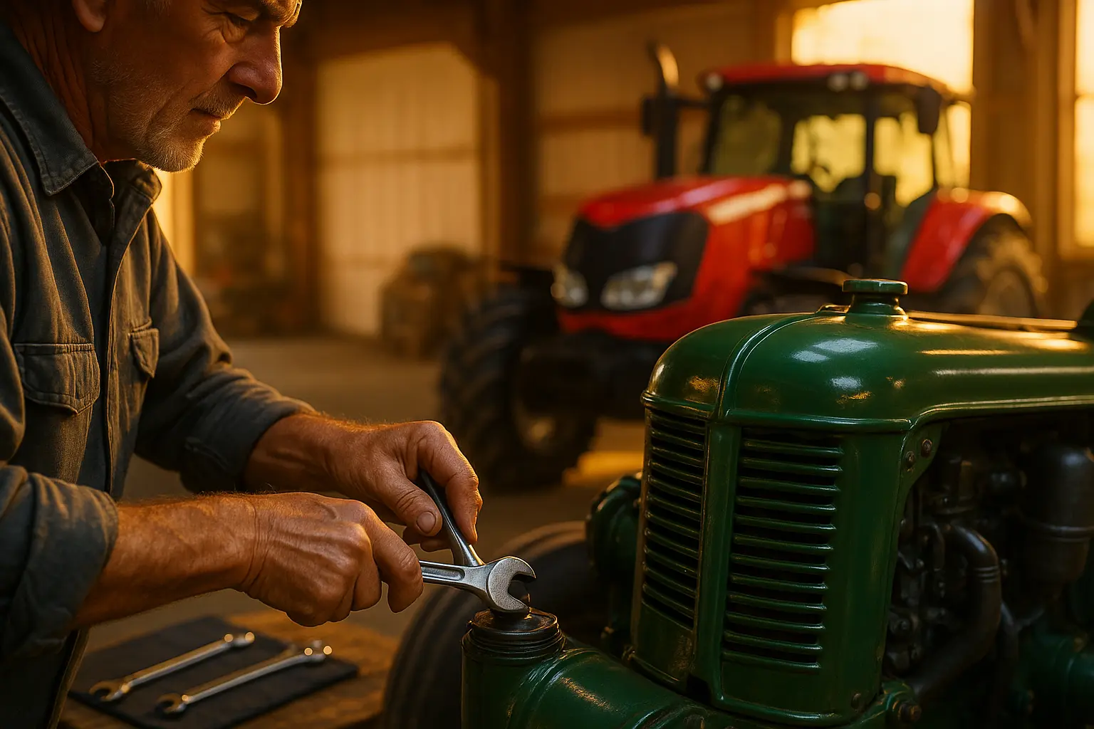 Technicien effectuant la maintenance préventive sur un outil de travail du sol agricole dans un atelier.