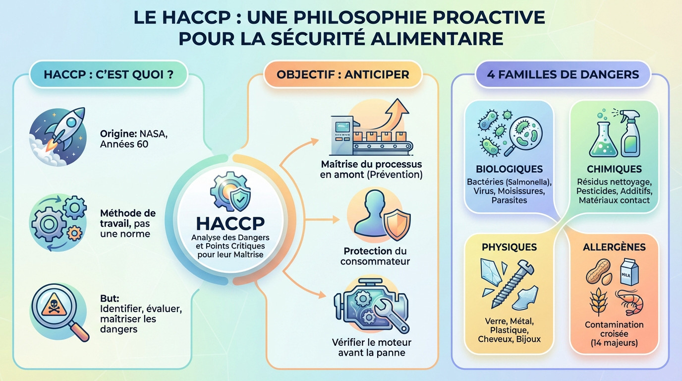 Sch&eacute;ma illustrant la philosophie proactive de la m&eacute;thode HACCP pour la s&eacute;curit&eacute; alimentaire