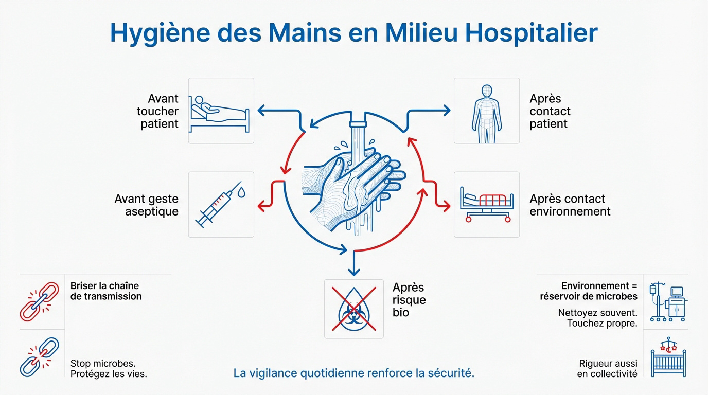 Infographie des 5 moments clés de l'hygiène des mains selon l'OMS en milieu hospitalier