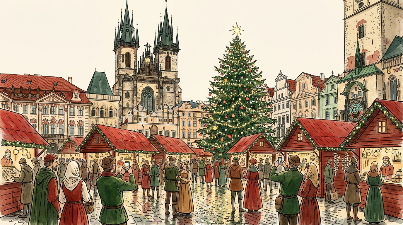 Marché de Noël médiéval sur la place de la Vieille Ville à Prague avec sapin illuminé et église gothique