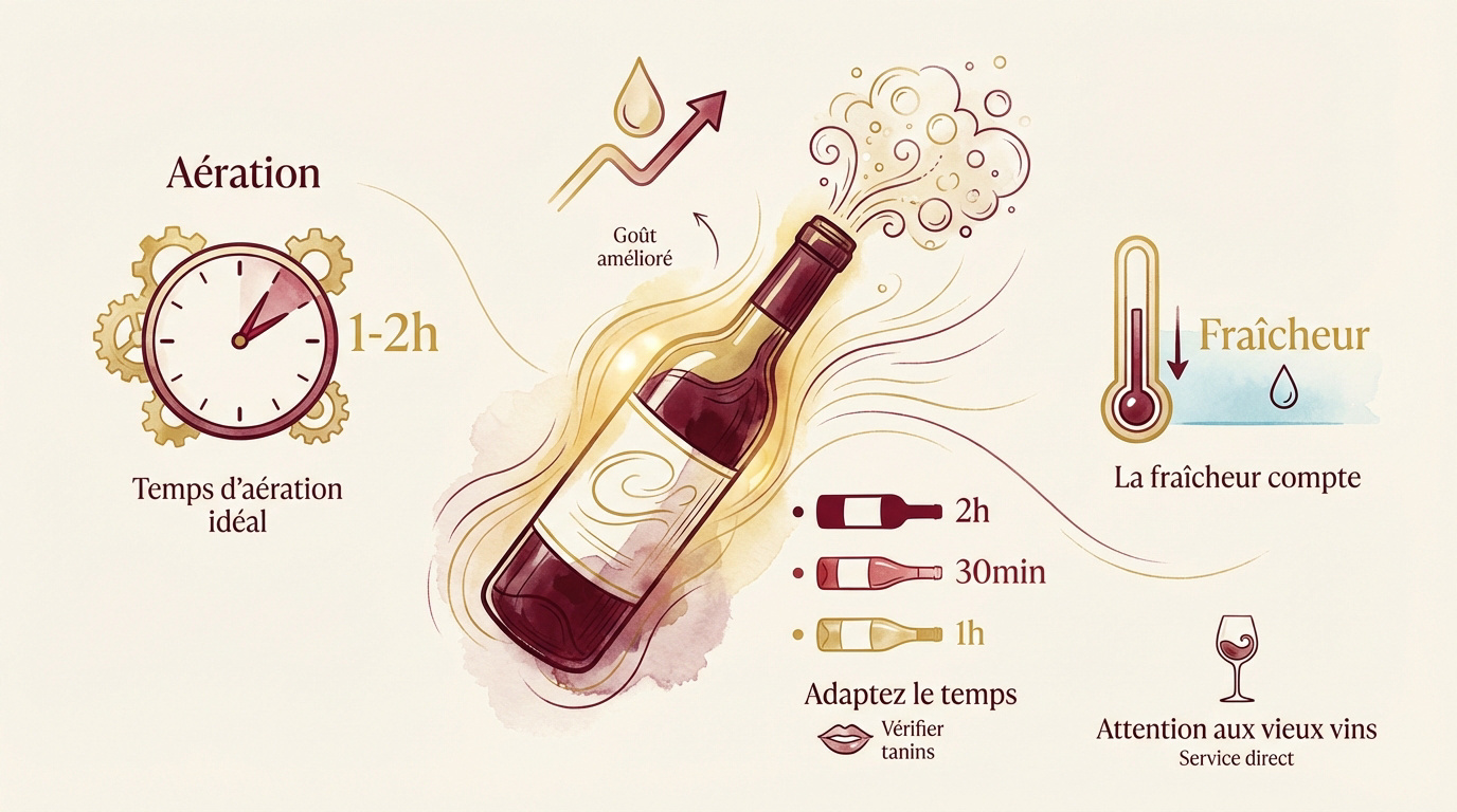 Tableau récapitulatif des temps d'aération et températures de service pour le vin
