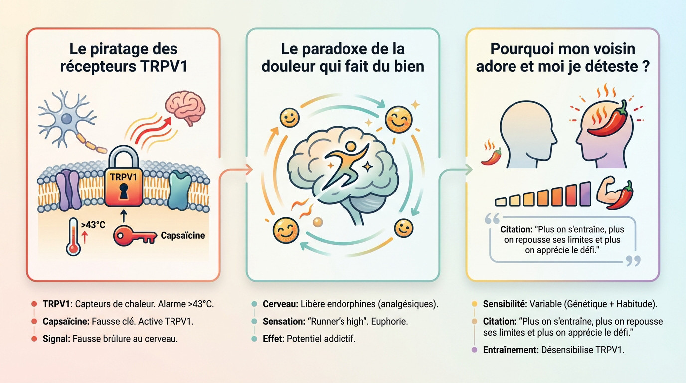 Schéma explicatif de l'action de la capsaïcine sur les récepteurs TRPV1 et la tolérance à la douleur