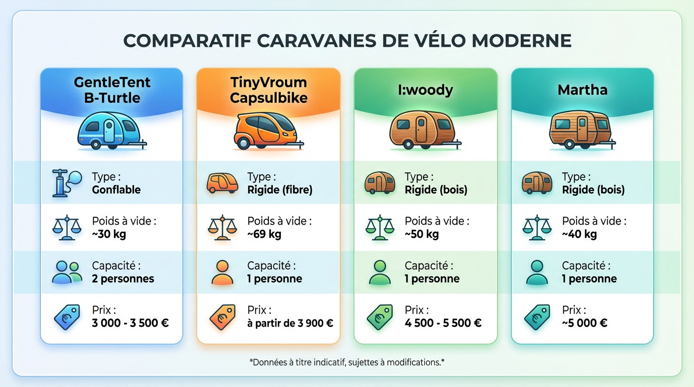 Comparatif visuel entre une caravane vélo gonflable et un modèle rigide sur route
