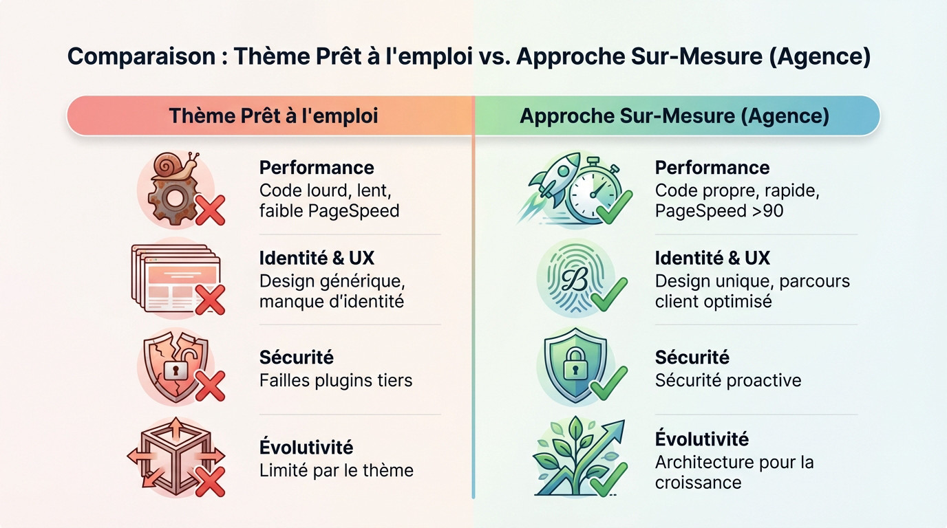 Comparaison entre un thème WordPress standard et un site web sur mesure