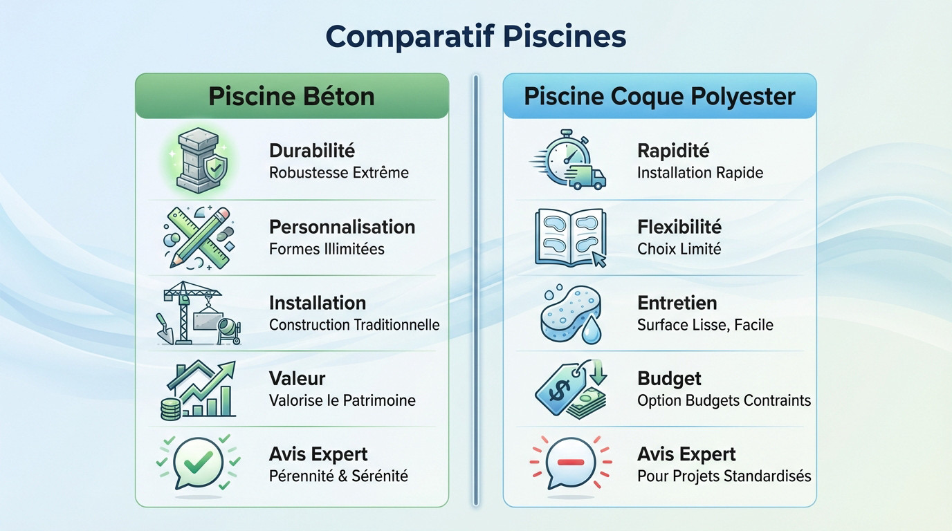 Comparatif technique entre piscine béton et coque polyester pour un choix durable
