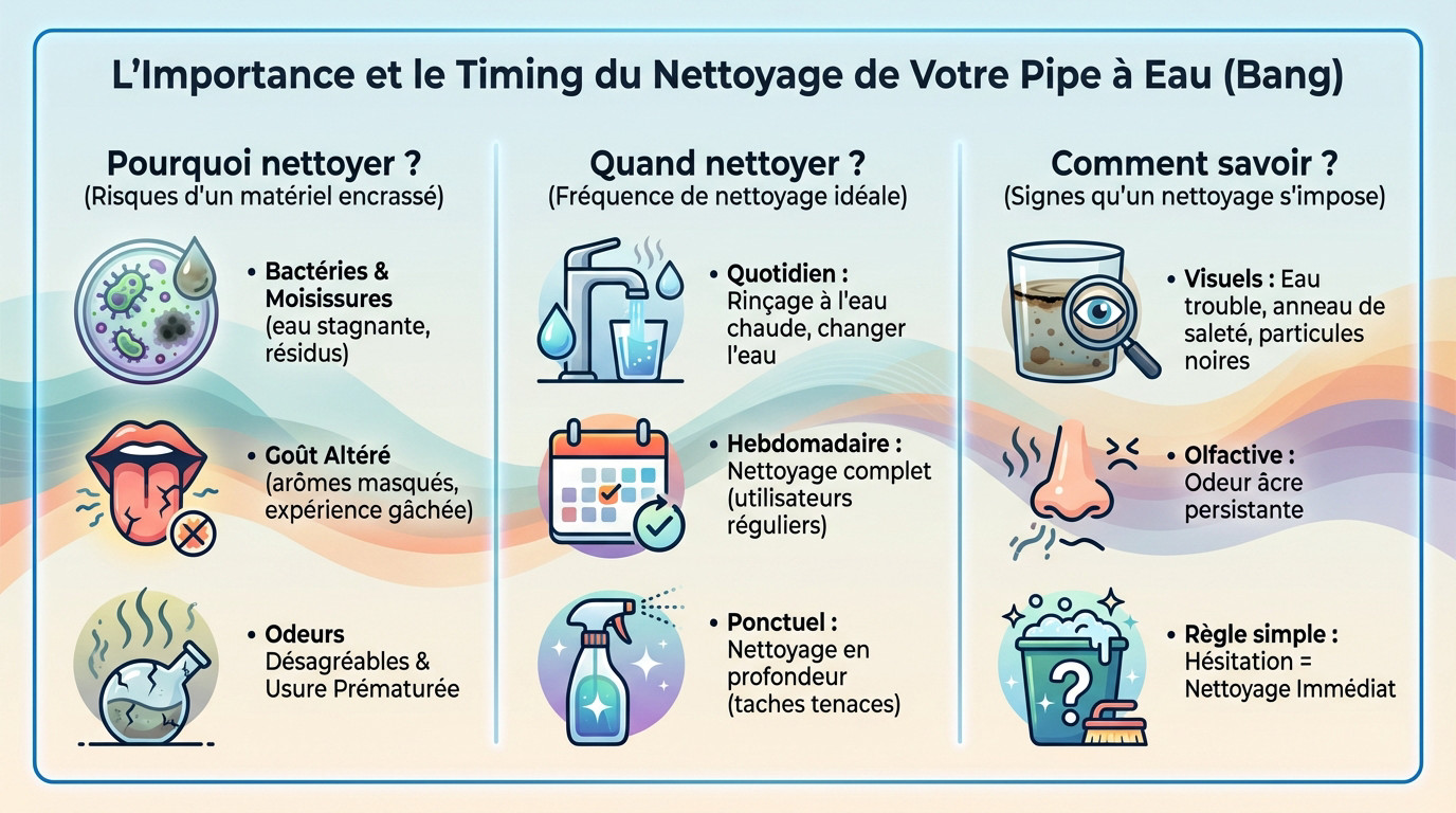 Bang en verre propre posé sur une table en bois, illustrant l'importance de l'entretien régulier pour l'hygiène et la saveur.