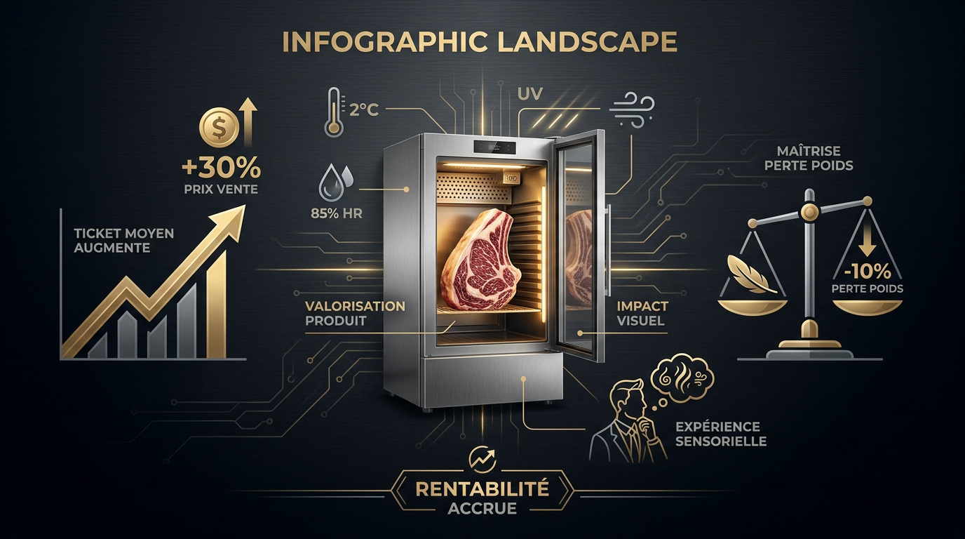 Cave de maturation premium : valoriser la viande grâce à une technologie de pointe 1 Infographie technique des avantages d'une cave de maturation premium pour professionnels
