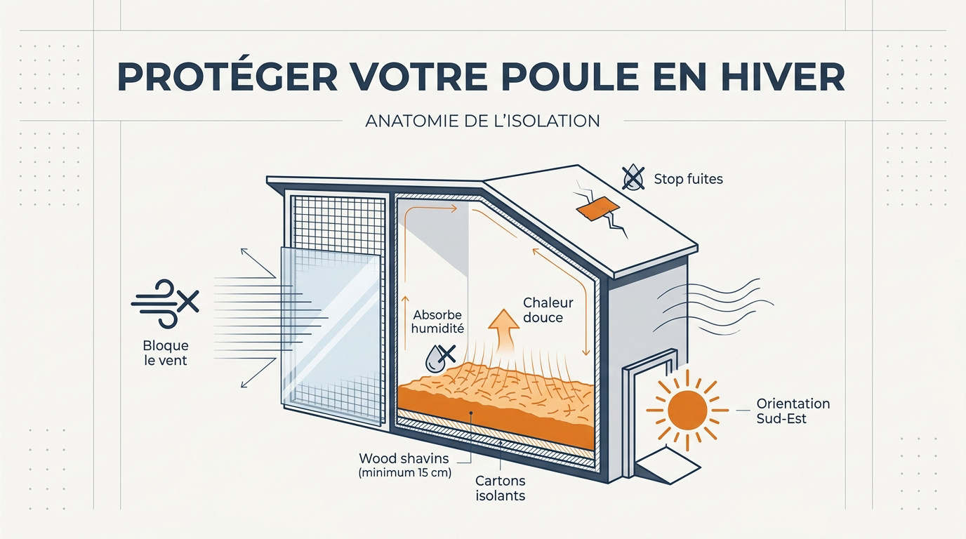 Schéma de l'isolation thermique d'un poulailler avec litière épaisse et protection contre le vent
