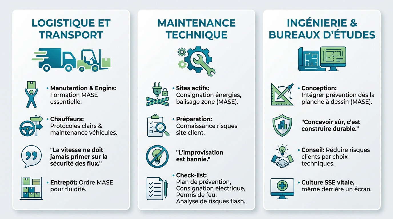 Technicien appliquant un protocole de sécurité MASE sur site industriel