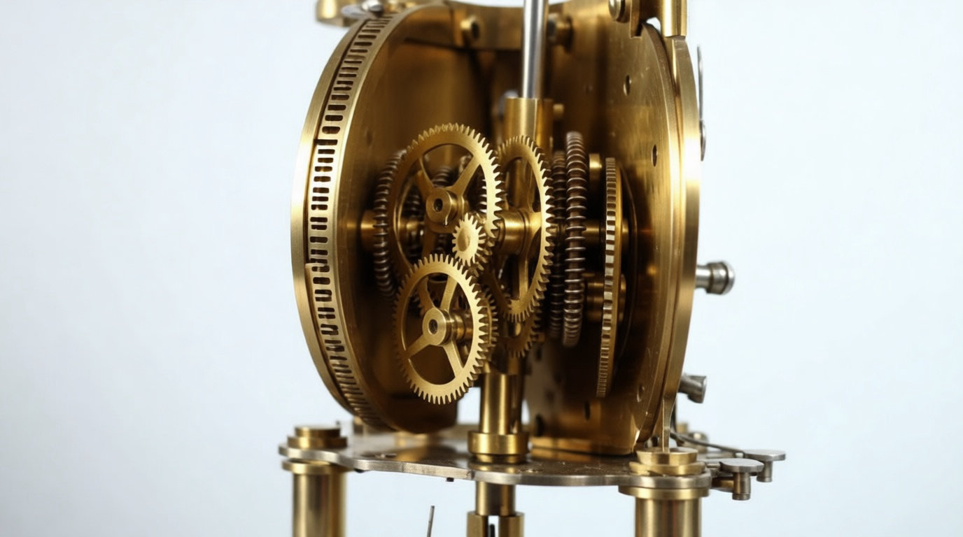 Mécanisme d'horlogerie en laiton d'une pendule vintage — engrenages et ressorts d'époque