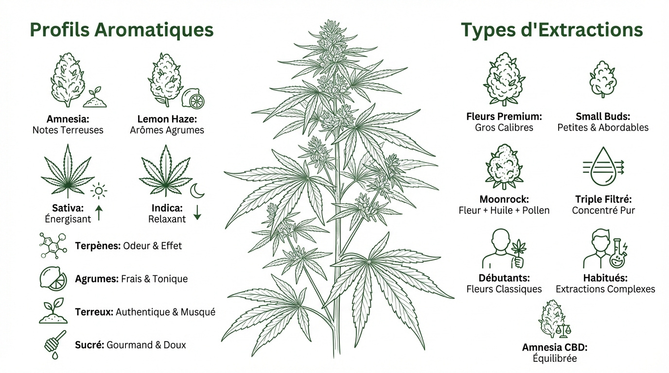 Infographie présentant les profils aromatiques des fleurs de CBD et les types d'extractions premium