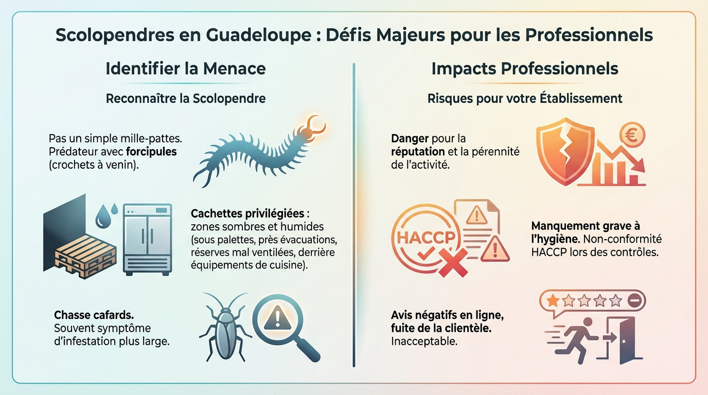 Scolopendre géante dans un environnement humide représentant un risque pour les restaurants en Guadeloupe