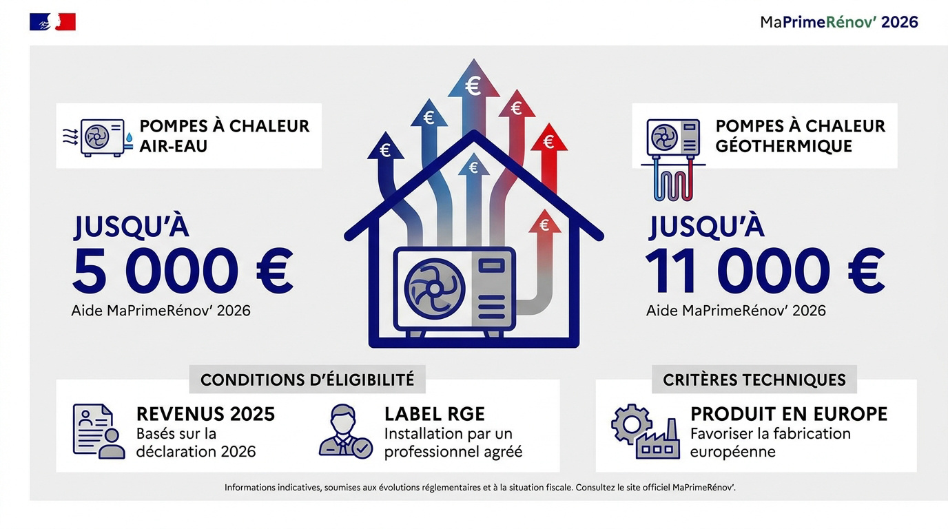 Tableau récapitulatif des aides MaPrimeRénov' 2026 pour l'installation d'une pompe à chaleur
