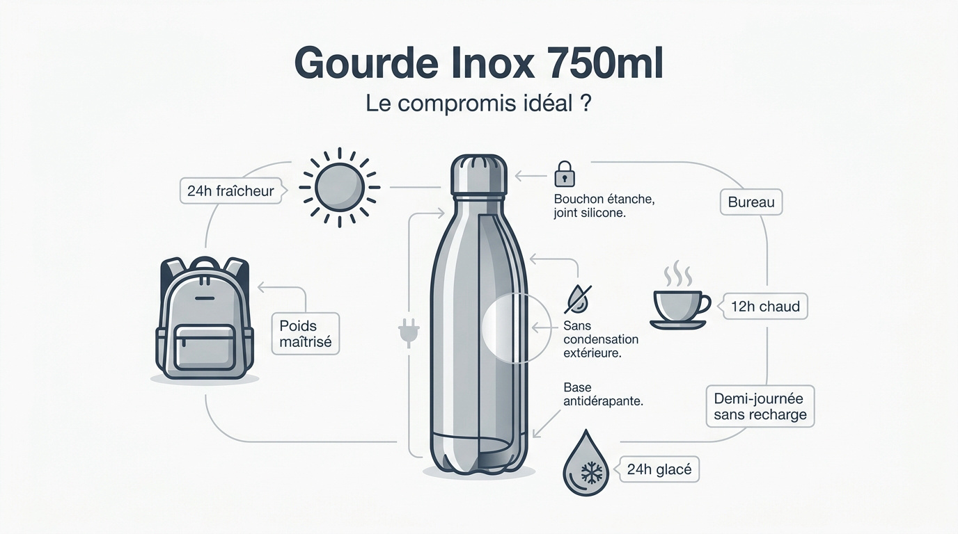 Gourde inox 750ml isotherme performance chaud et froid