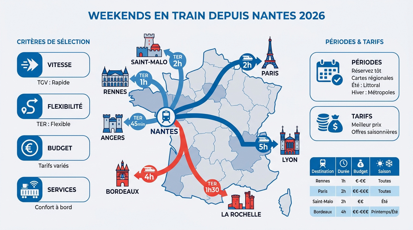 Voyageurs en gare de Nantes prêts pour un weekend en train