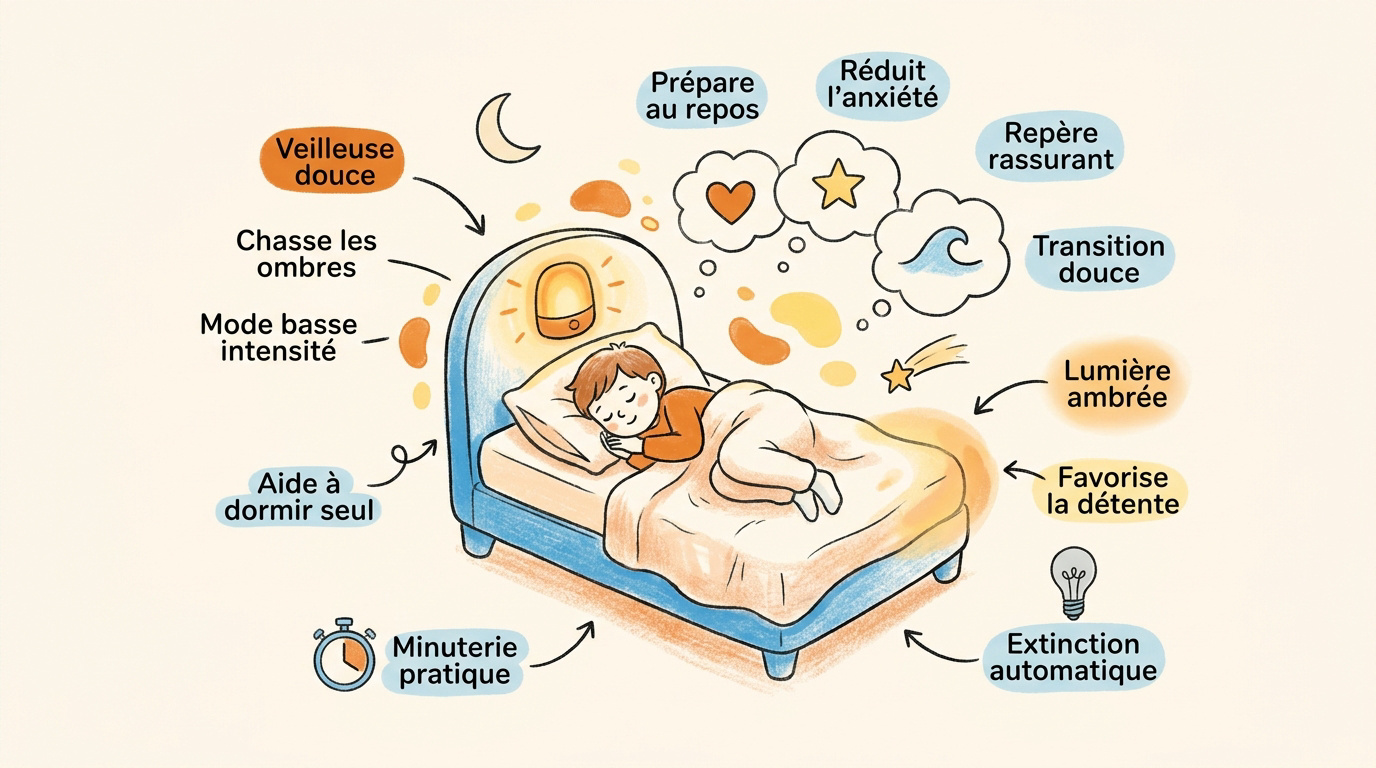 Enfant qui s'endort paisiblement avec une veilleuse diffusant une lumière chaude et rassurante