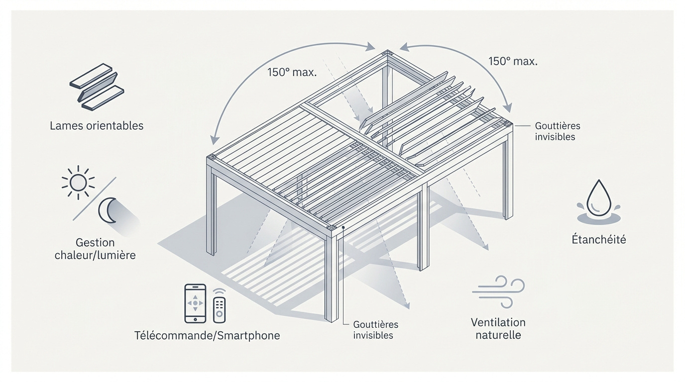 Schéma technique des lames orientables et du système de drainage d'une pergola bioclimatique
