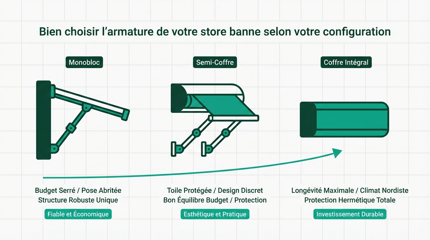 Comparatif des armatures de stores bannes monobloc, semi-coffre et coffre intégral