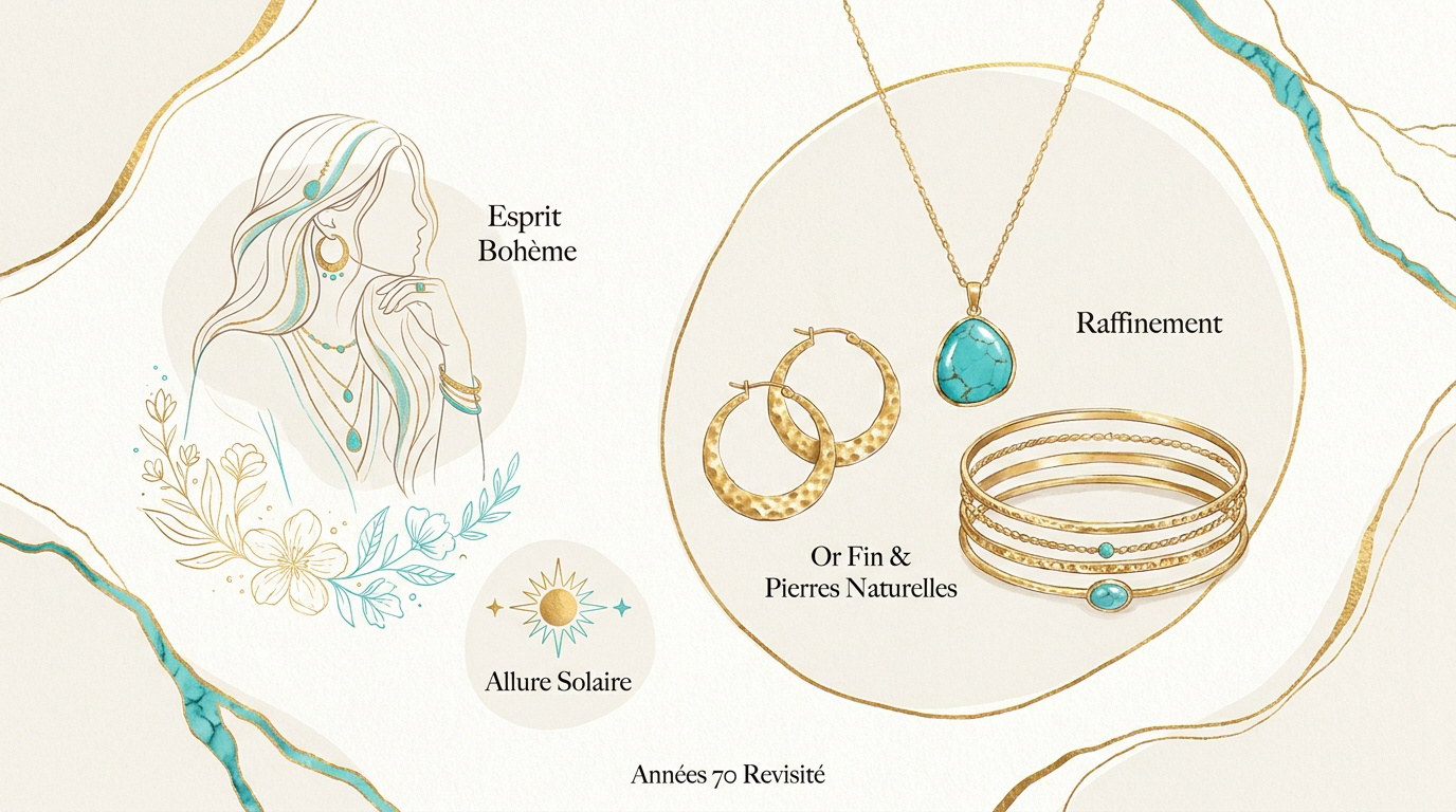 Bijoux bohème chic associant l'or fin et la turquoise naturelle pour un style hippie raffiné