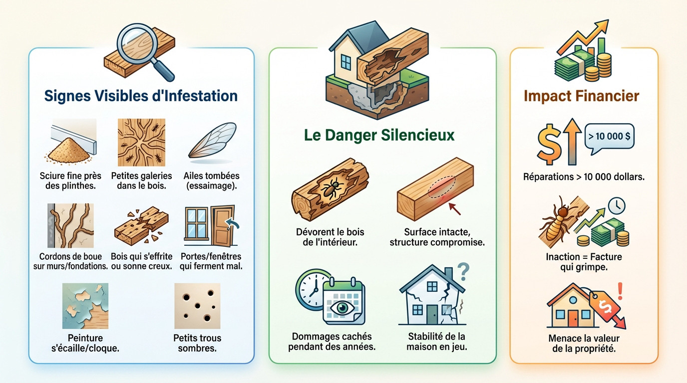 Signes infestation termites : galeries bois et cordons de boue sur mur