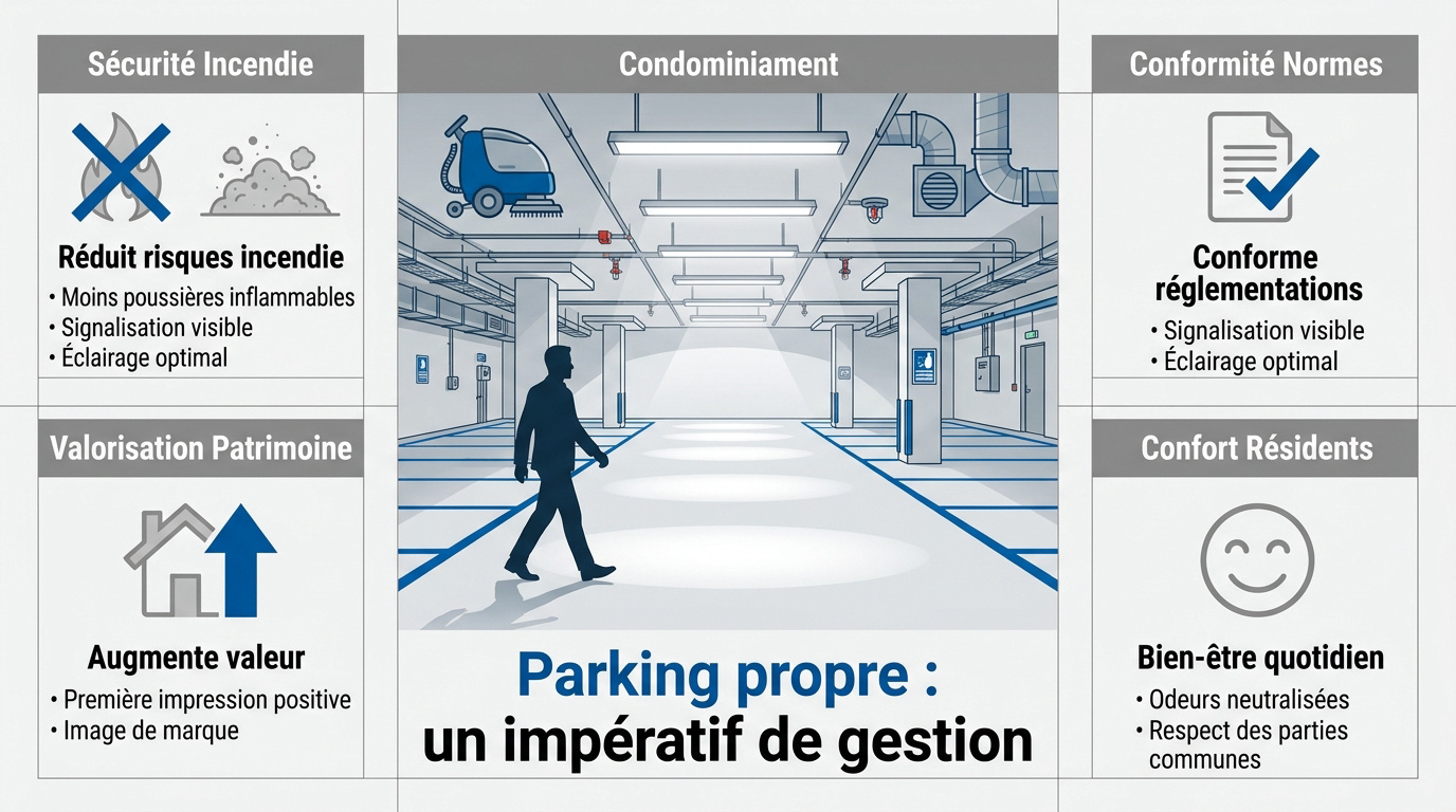 Parking souterrain propre et sécurisé avec signalisation visible et éclairage LED