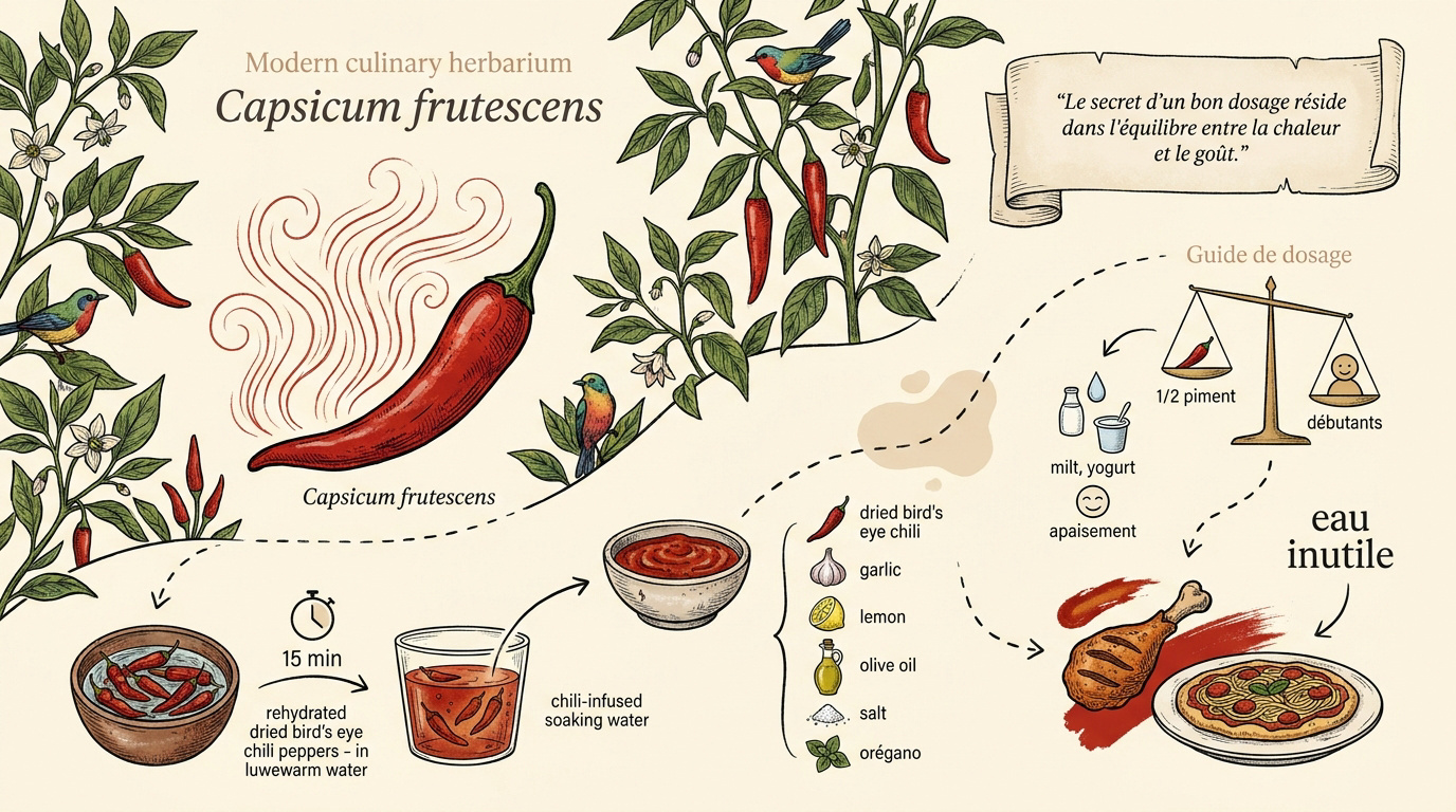 Infographie culinaire : de la réhydratation du piment oiseau séché à la sauce piri piri maison, ingrédients et guide de dosage