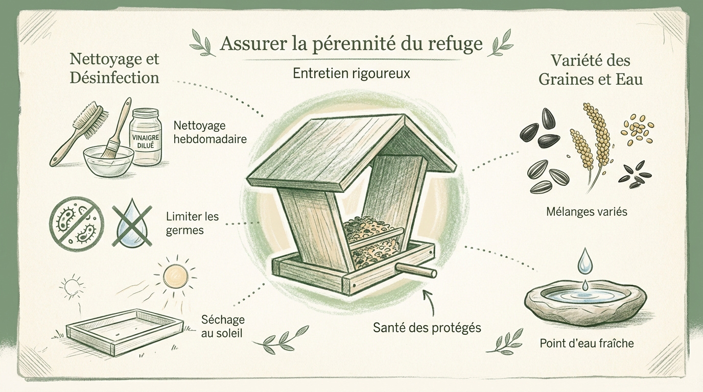 Nettoyage et entretien d'une mangeoire à oiseaux en bois dans un jardin