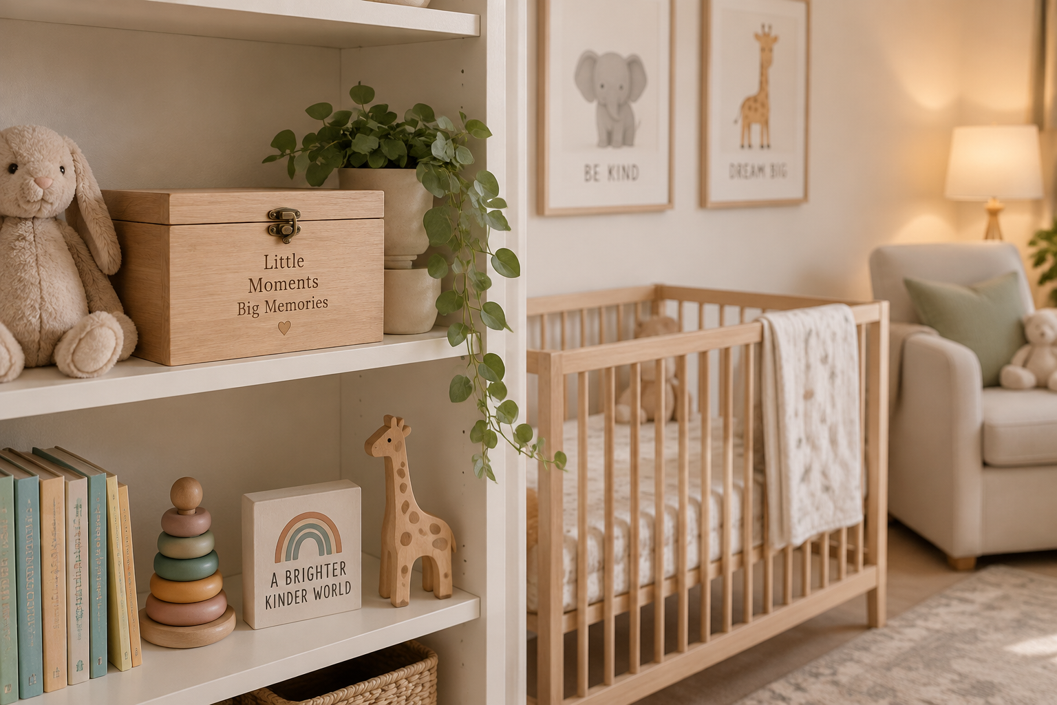 A nursery with a wooden keepsake box on a shelf