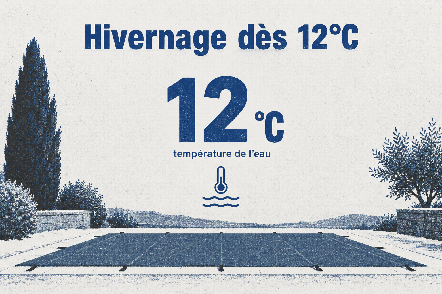 Infographie indiquant que l'hivernage de la piscine doit commencer lorsque la température de l'eau atteint 12 °C.