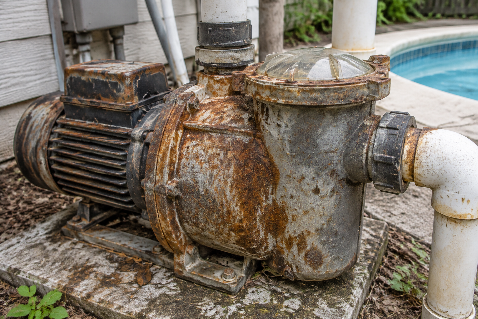 Pompe de piscine rouillée et corrodée par l'humidité