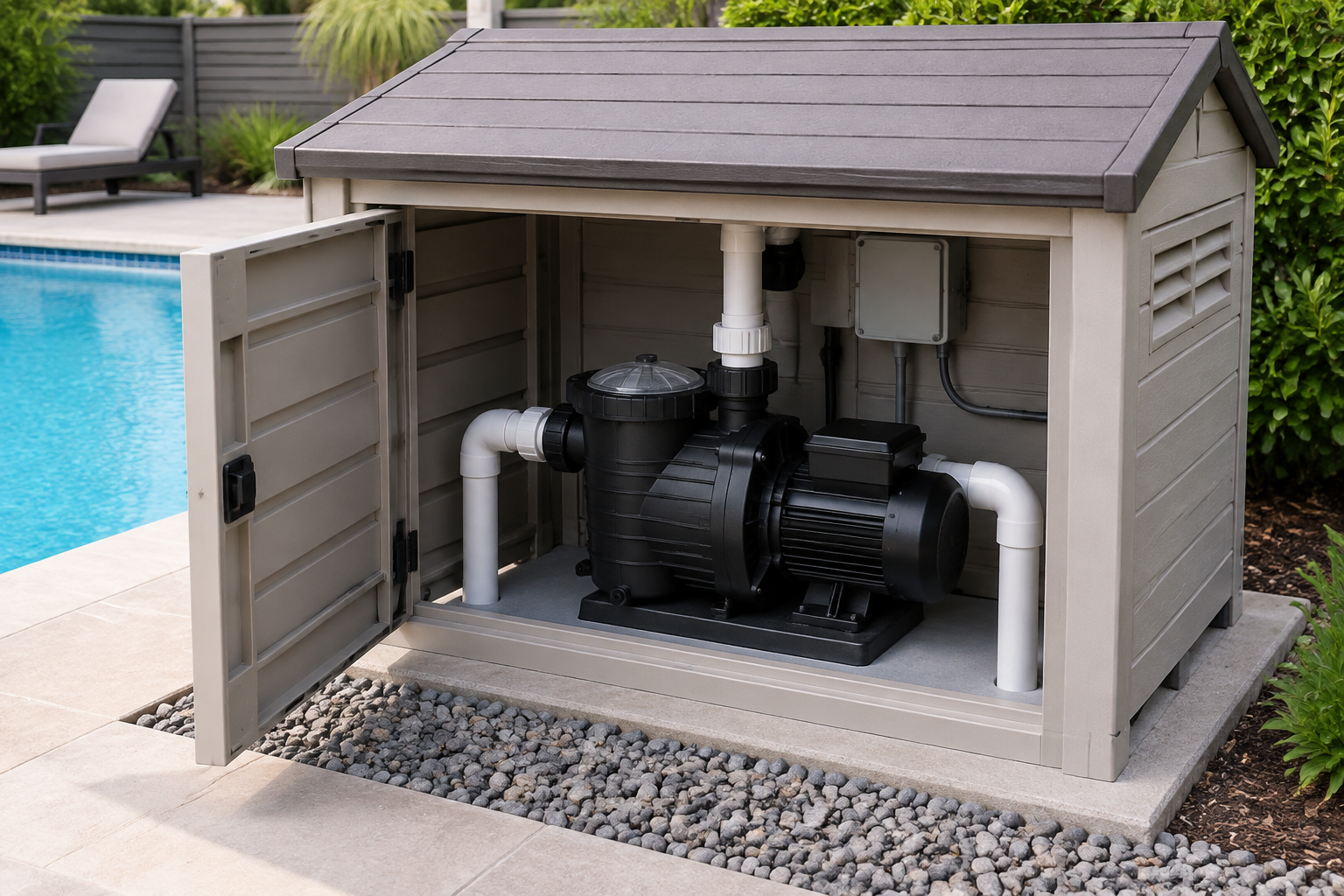Différentes protections pour pompe de piscine : local technique, coffre, housse