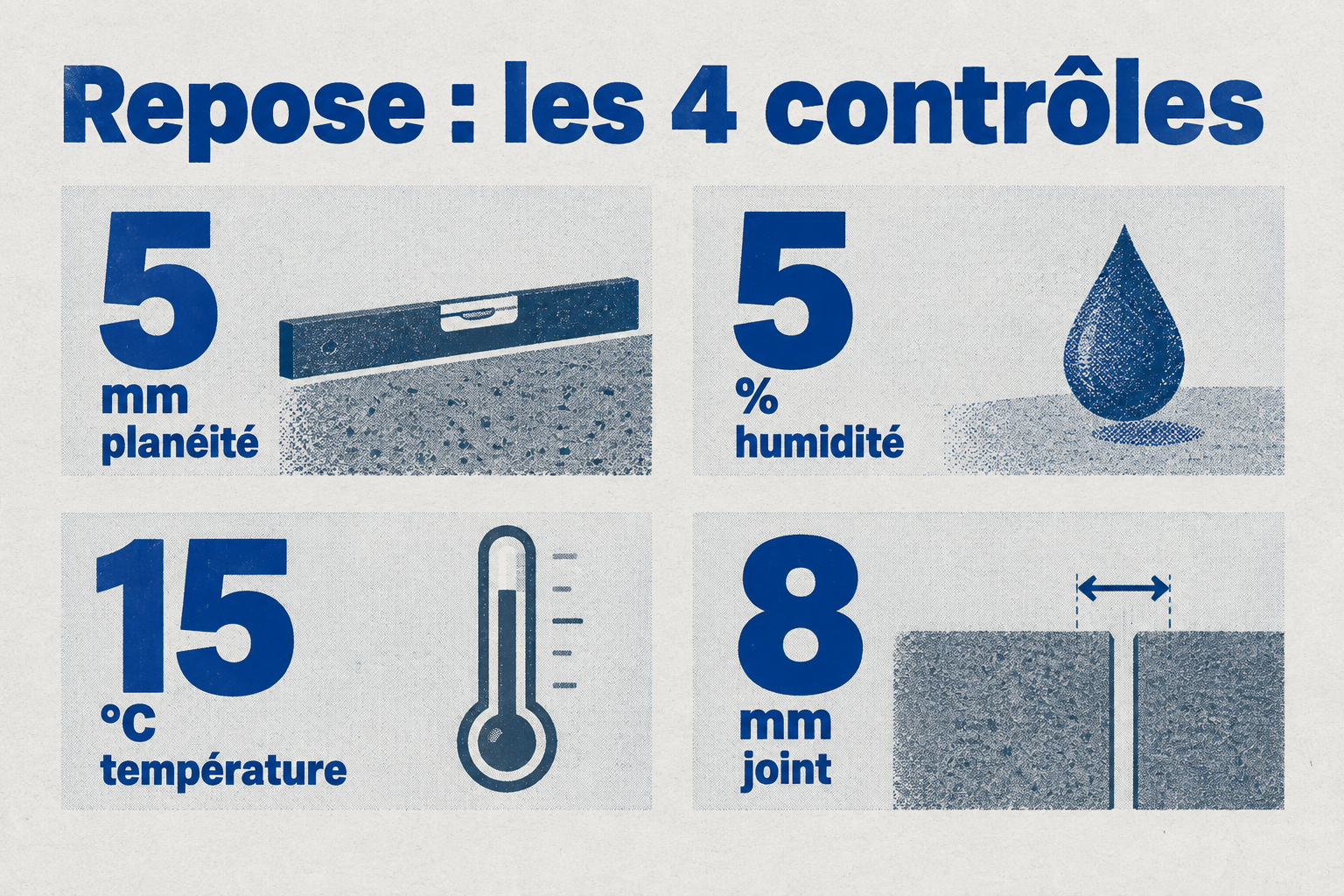 Grille risographe 2×2 présentant les quatre contrôles avant repose : planéité 5 mm, humidité 5 %, température 15 °C, joint 8 mm, avec icônes de règle, goutte, thermomètre et espace.