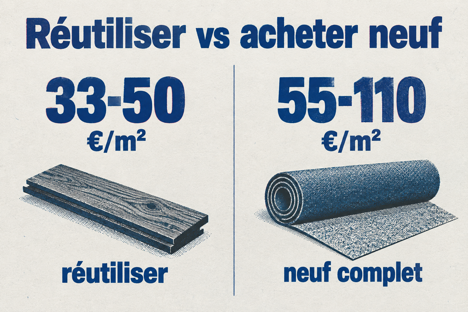 Infographie risographe en duel confrontant le budget de réutilisation des lames (33-50 €/m²) et l'achat d'un parquet neuf complet (55-110 €/m²), avec icônes de lame et de rouleau de parquet.