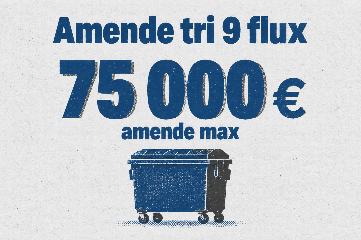 Infographie risographe avec un grand chiffre 75 000 € et une icône de benne à déchets, pour illustrer l'amende maximale en cas de non-respect du tri des 9 flux.
