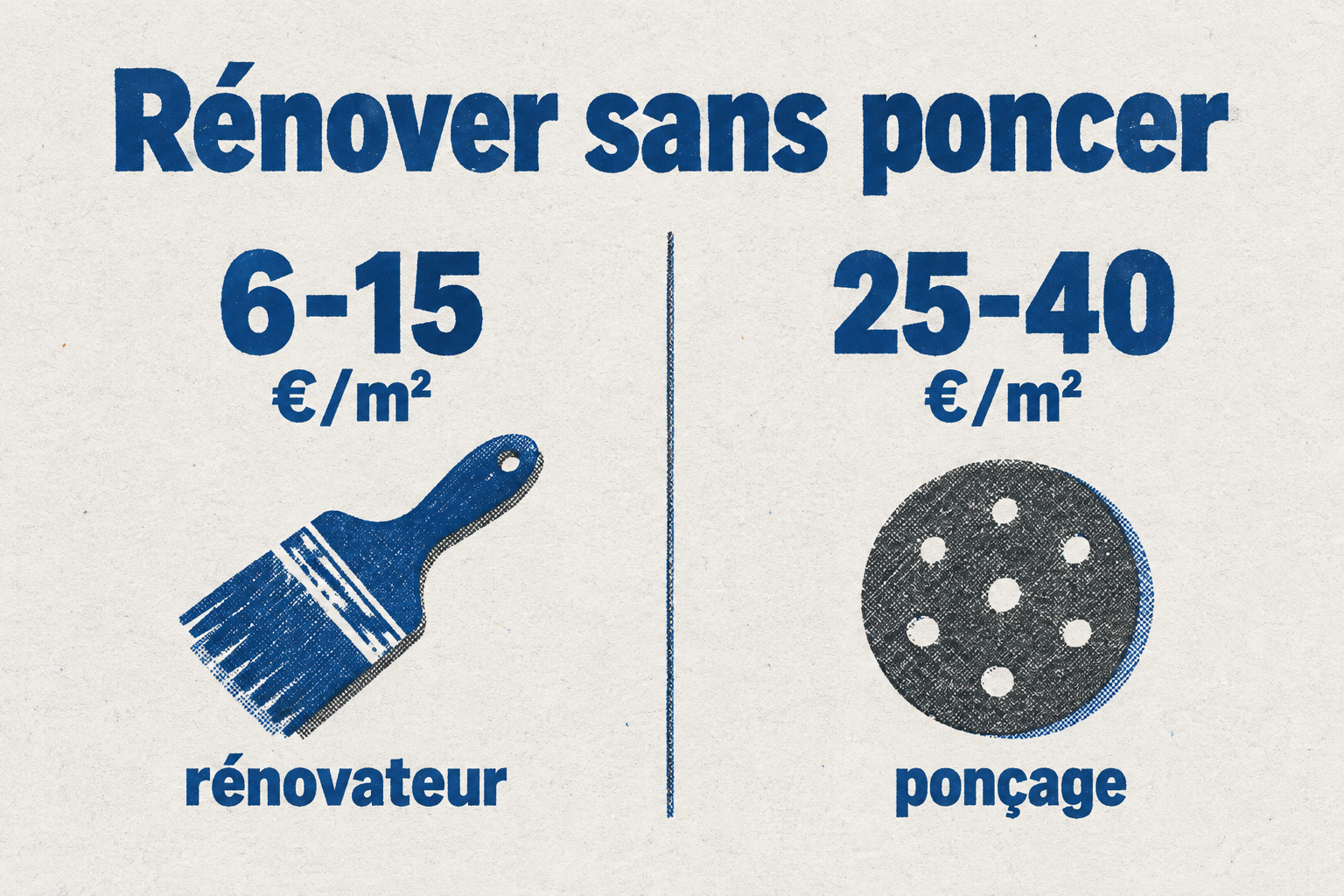 Infographie risographe en duel comparant les coûts du rénovateur (6-15 €/m²) et du ponçage (25-40 €/m²) avec des icônes de pinceau et de disque de ponçage.