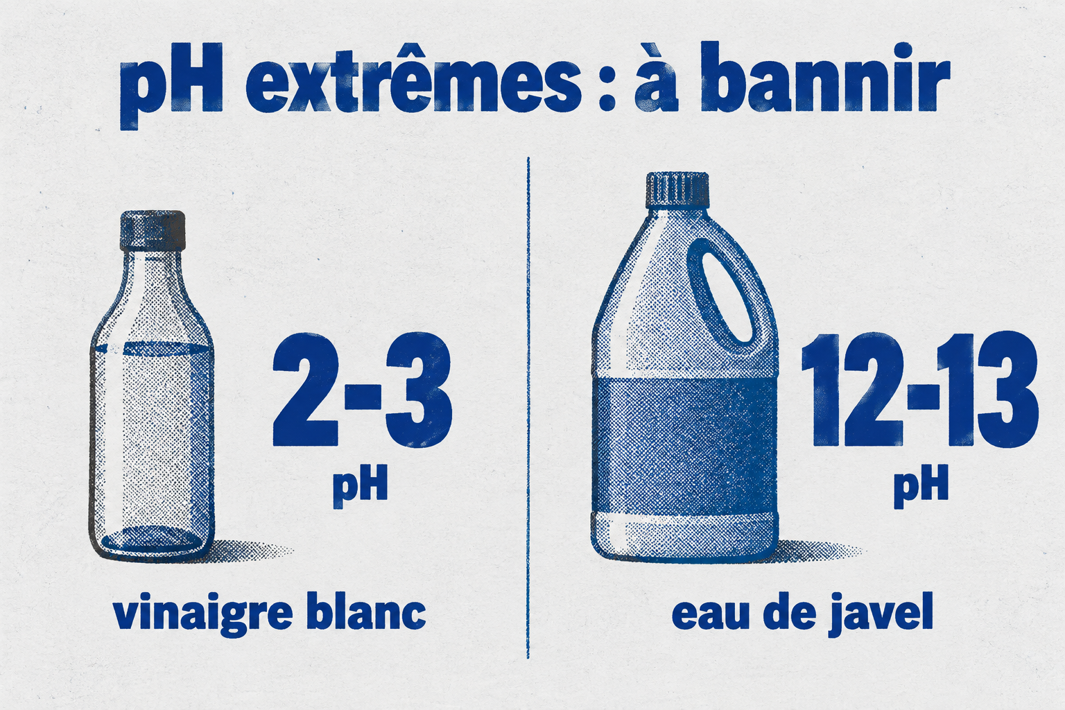 Le vinaigre blanc a un pH de 2 à 3, l'eau de javel un pH de 12 à 13 : trop acide ou trop basique pour le vernis.