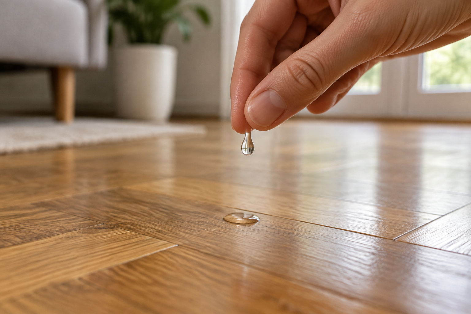 Main déposant une goutte d'eau sur un parquet pour tester l'étanchéité