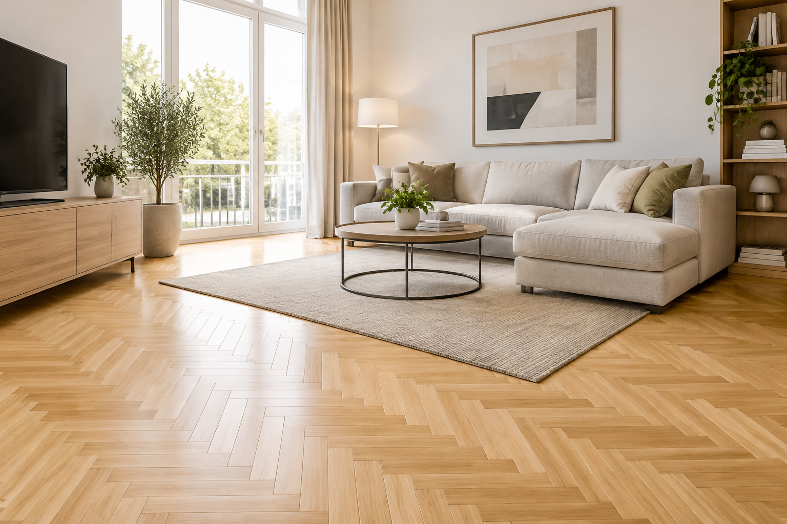 Parquet vitrifié clair dans un salon moderne