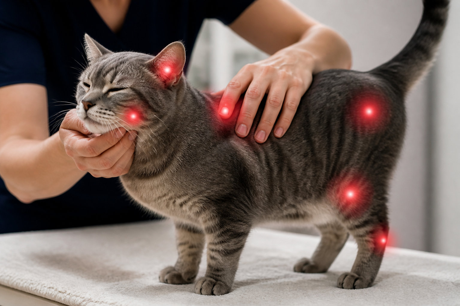 Chat senior avec les zones de tension musculaire indiquées