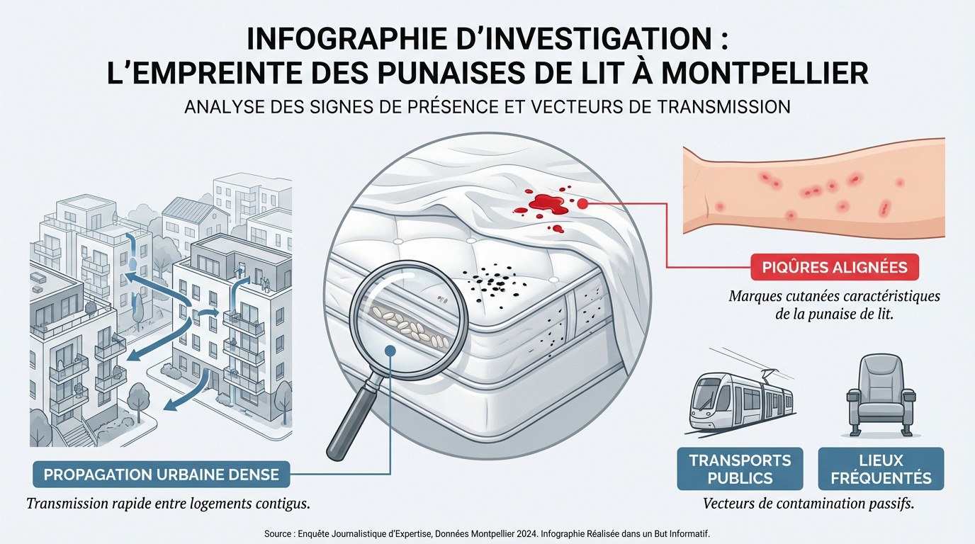 Infographie détaillant les signes d'infestation de punaises de lit à Montpellier