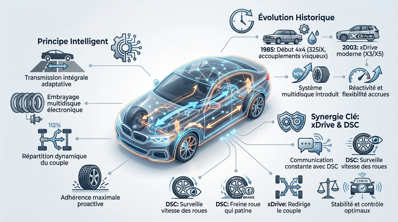 Schéma technique du fonctionnement du système BMW xDrive et interaction avec le DSC