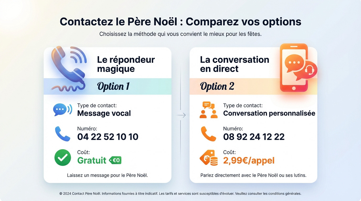 Tableau comparatif des options gratuites et payantes pour contacter le Père Noël