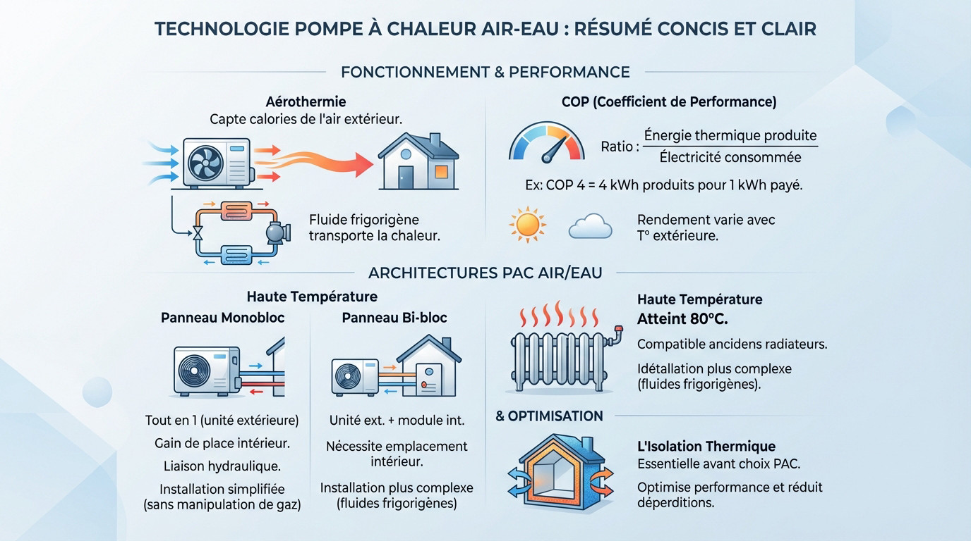 Schéma explicatif du fonctionnement et des architectures d'une pompe à chaleur air-eau