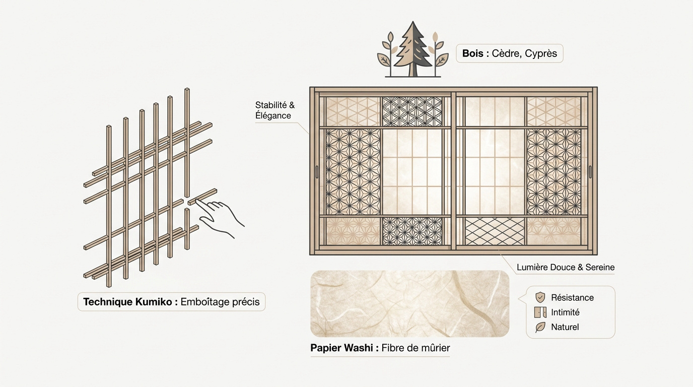 Cloison shoji japonaise traditionnelle en bois kumiko et papier washi