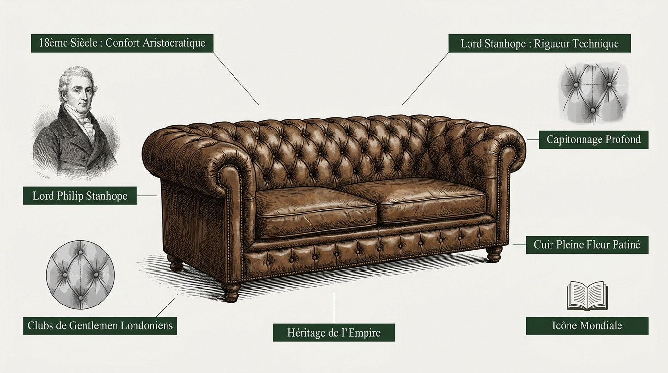 Canapé Chesterfield classique en cuir marron avec capitonnage traditionnel dans un salon élégant