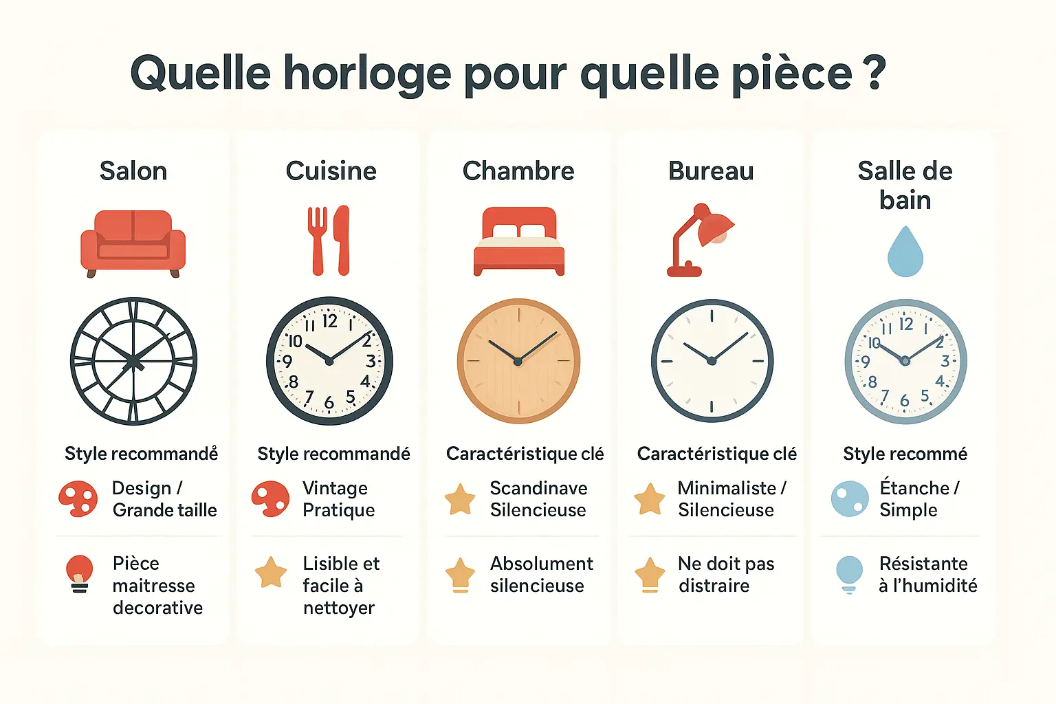 Illustration d'horloges murales dans différentes pièces de la maison