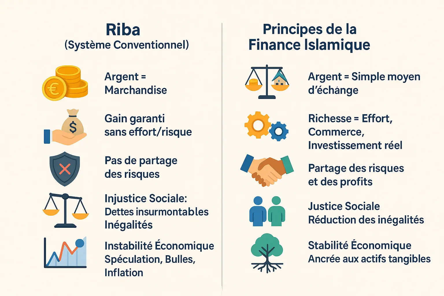 Comparaison visuelle entre le système financier islamique et conventionnel